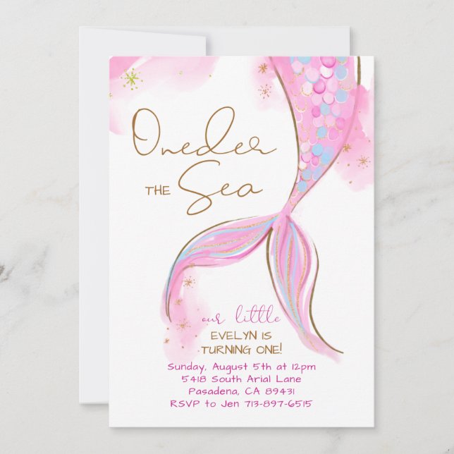 Pink Mermaid 1st Birthday Party ONEder The Sea Invitation (Front)