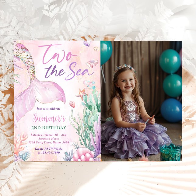 Pink Mermaid 2nd Birthday Two the Sea Photo Invitation (Creator Uploaded)