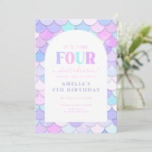 Pink Mermaid 4th Birthday Invitation