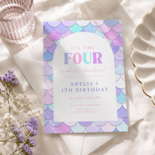 Pink Mermaid 4th Birthday  Invitation