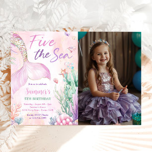Pink Mermaid 5th Birthday Five the Sea Photo Invitation