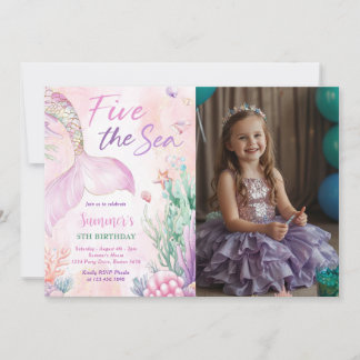 Pink Mermaid 5th Birthday Five the Sea Photo Invitation