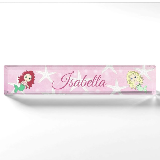 Pink Mermaid and Starfish Name Plate Personalised (Front)