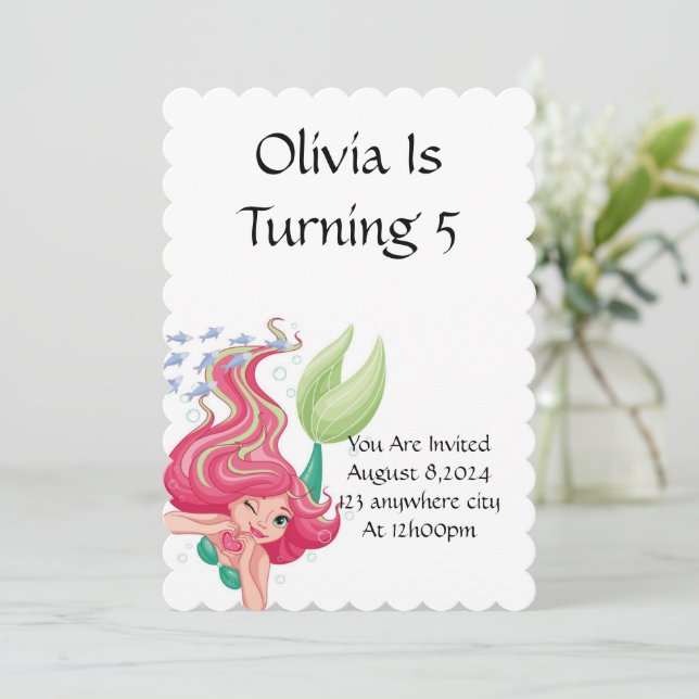 Pink Mermaid birthday invitation  (Standing Front)