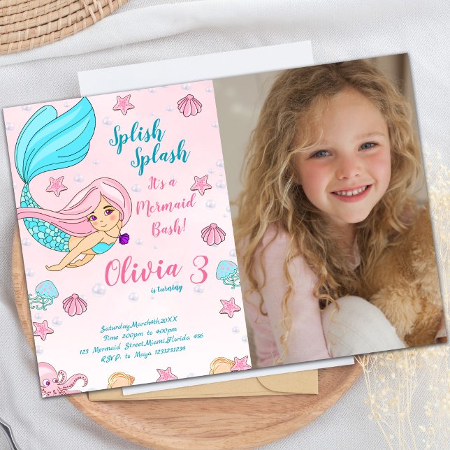 Pink Mermaid Birthday Invitations with photo (Pink Mermaid Birthday Invitations with photo)
