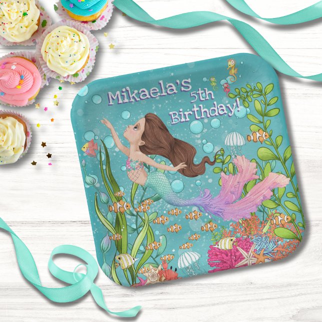 Pink Mermaid Brown Hair Under the Sea Birthday Paper Plate (Creator Uploaded)