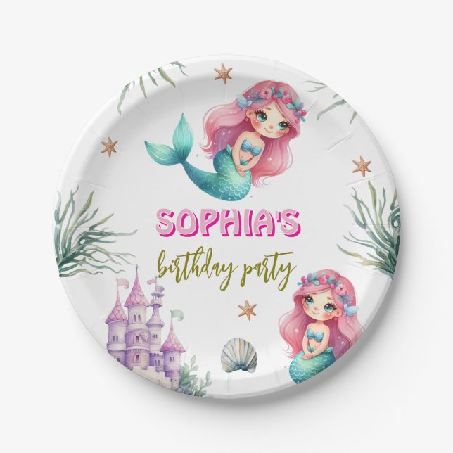 Pink Mermaid castle birthday  Paper Plate (Front)