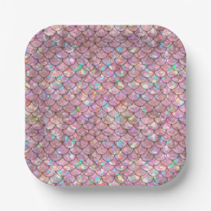 Pink Mermaid Fish Scales Holographic Elegant Glam Paper Plate