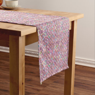 Pink Mermaid Fish Scales Holographic Elegant Glam Short Table Runner