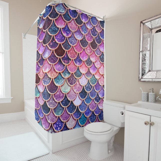 Pink Mermaid Glitter Scales- Mermaid Scales Shower Curtain (In Situ)