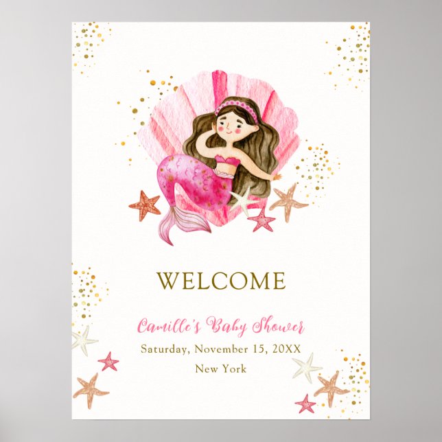 Pink Mermaid Ocean Starfish Baby Shower Welcome  Poster (Front)