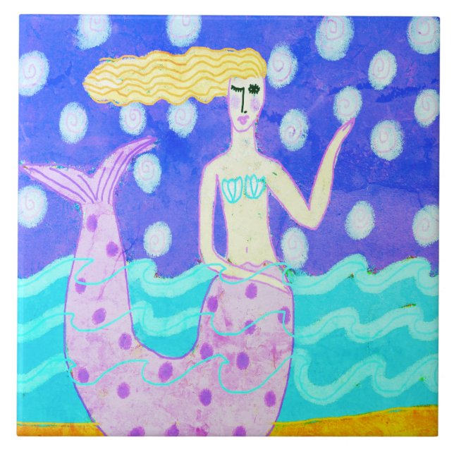 Pink Mermaid Original Abstract Art Tile (Front)