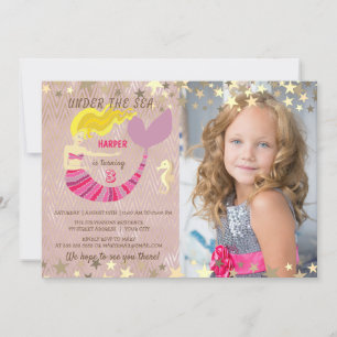 Pink Mermaid Photo Birthday Invitation
