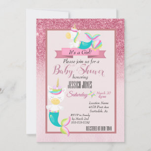 Pink Mermaid Unicorn Sparkle Baby Shower Invite