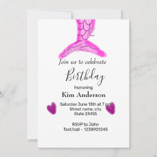 pink mermaid watercolor heart add name birthday ye invitation