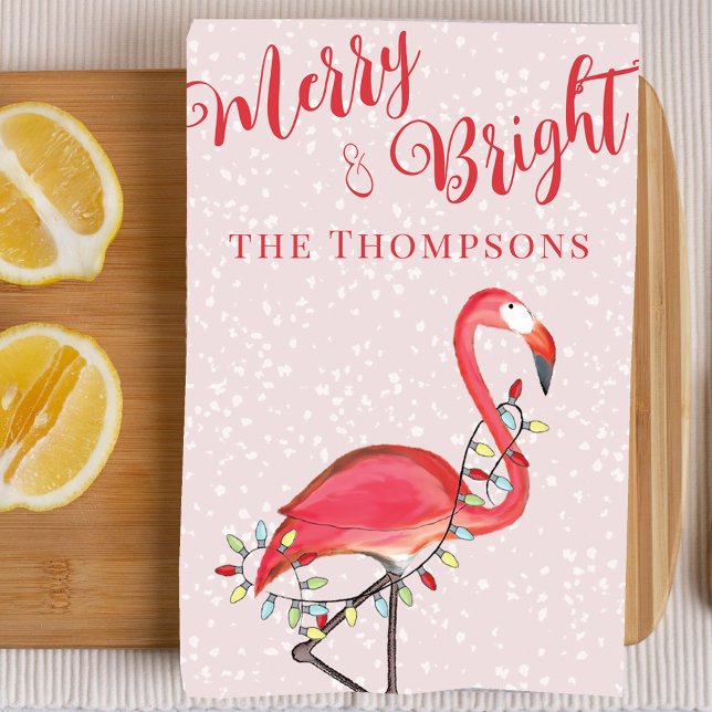 Pink Merry and Bright Flamingo Personalised Tea Towel (Merry and Bright Christmas pink flamingo custom towel)