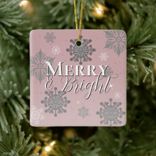 Pink Merry and Bright Snowflakes Christmas Ceramic Ornament
