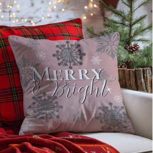 Pink Merry and Bright Snowflakes Christmas Cushion