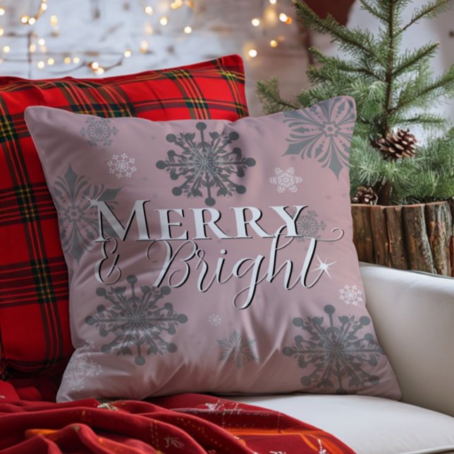Pink Merry and Bright Snowflakes Christmas Cushion (Pink Merry and Bright Snowflakes Christmas Throw Pillow)