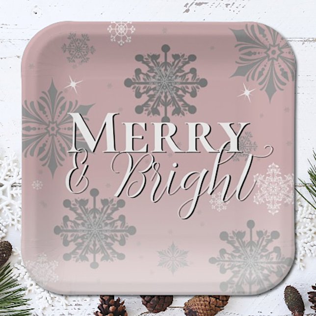 Pink Merry and Bright Snowflakes Christmas Paper Plate (Creator Uploaded)
