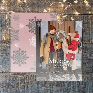 Pink Merry and Bright Snowflakes Christmas Photo Holiday Card
