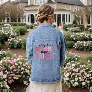 Pink Merry And Bright Typography Groovy Christmas Denim Jacket