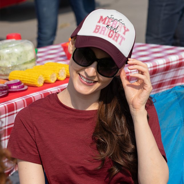 Pink Merry And Bright Typography Groovy Christmas Trucker Hat (Creator Uploaded)