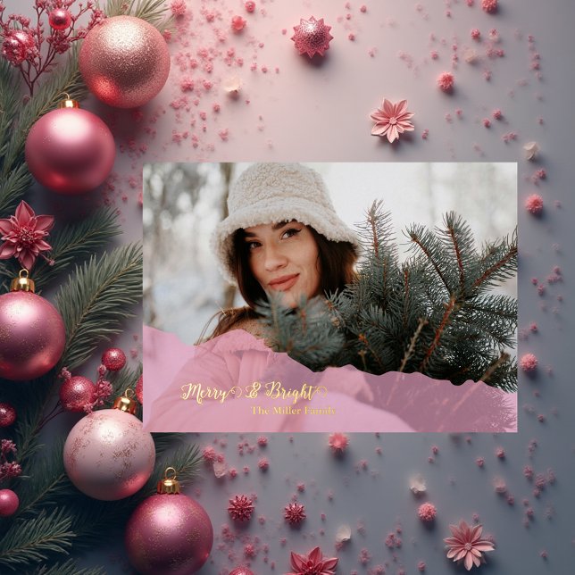 pink Merry & Bright Christmas family Photo gold (Creator Uploaded)