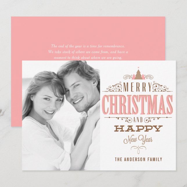 Pink Merry Christmas and a Happy New Year Photo Holiday Card (Front/Back)