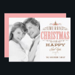 Pink Merry Christmas and a Happy New Year Photo Holiday Card<br><div class="desc">Send your holiday wishes to friends and family with this customisable Christmas card. This photo Christmas card features vintage typography. Personalise by adding your details. This photo Christmas card is available in other colours and cardstock. Matching items are available.</div>