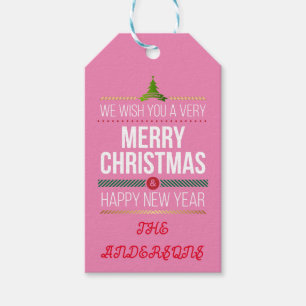 Pink Merry Christmas Happy New Year Gift Tag