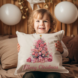 Pink Merry Christmas Holiday Tree Gifts Cushion