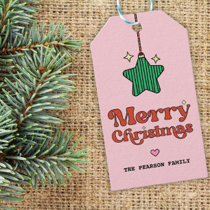Pink Merry Christmas Line Pattern Star Ornament  Gift Tags