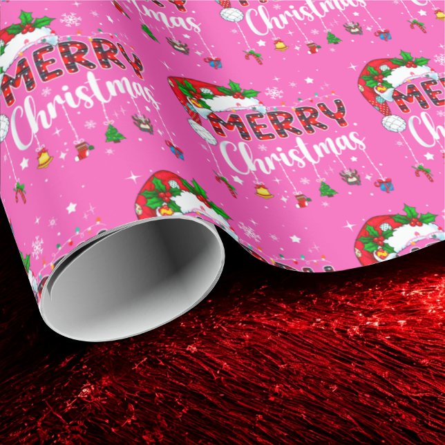 Pink Merry Christmas Santa Hat Reindeer Xmas Pink Wrapping Paper (Creator Uploaded)