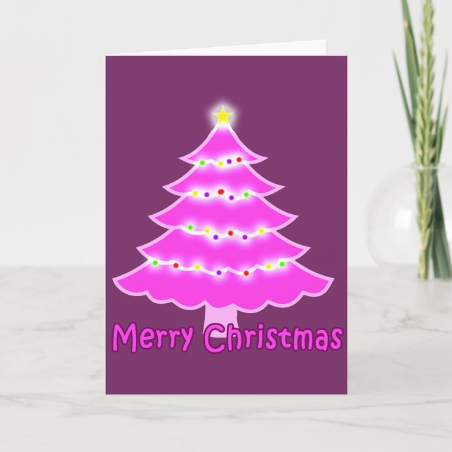 Pink Merry Christmas tree Holiday Card (Front)