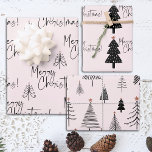 Pink Merry Christmas Tree Wrapping Paper Sheet<br><div class="desc">Beautiful and elegant black and pink Merry Christmas wrapping paper set is perfect for those who like a simple and minimalist aesthetic. The  Christmas trees have a tiny gold star. So pretty with the hand written script typography. See coordinating items in our shop,  Enchanted Finch.</div>