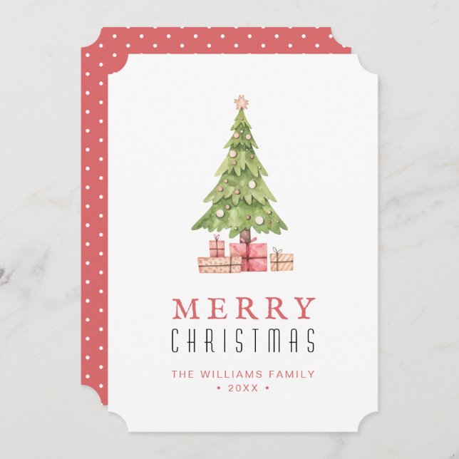 Pink Merry Christmas Watercolor Tree Holiday Card (Front/Back)