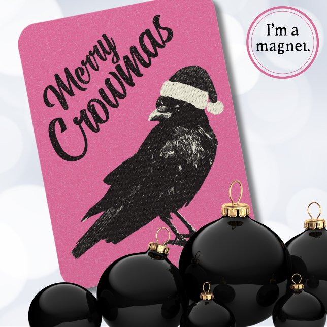 Pink Merry Crowmas Christmas Holiday  Magnet (Pink and black Christmas magnet features a cute crow with a Santa hat and the saying "Merry Crowmas")