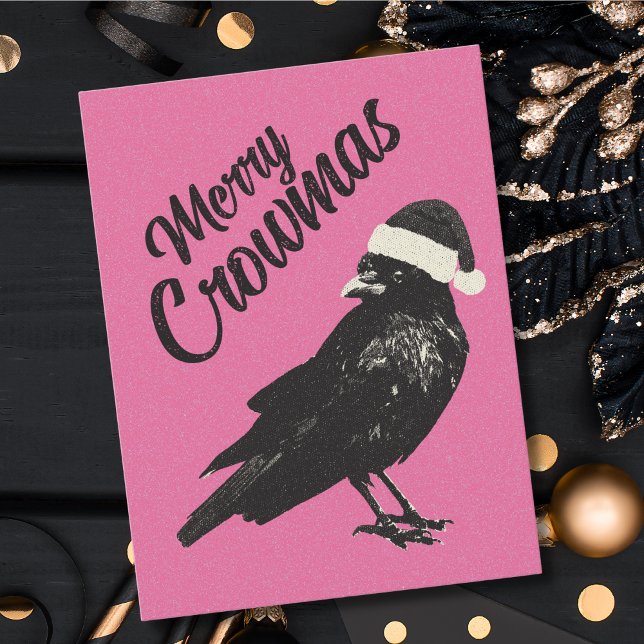 Pink Merry Crowmas Christmas Holiday Postcard (A funny crow with a Santa hat makes this pink Merry Crowmas  Christmas postcard whimsical and unique)
