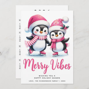 Pink Merry Vibes Ice Skating Penguins Christmas Holiday Card
