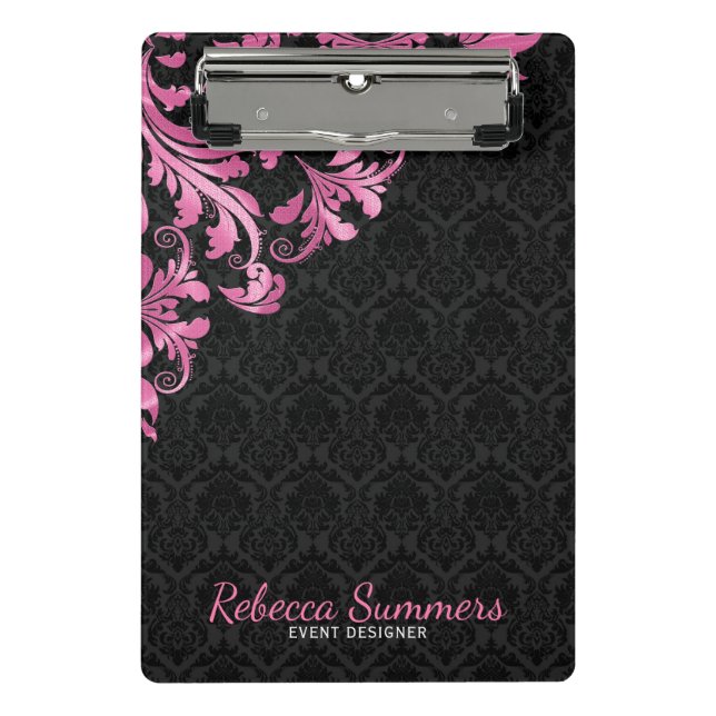 Pink Metal Lace And Black Damasks Mini Clipboard (Front)