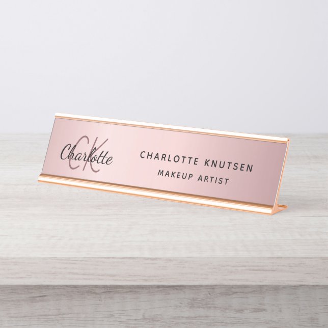 Pink metal monogram modern professional desk name plate (Front)