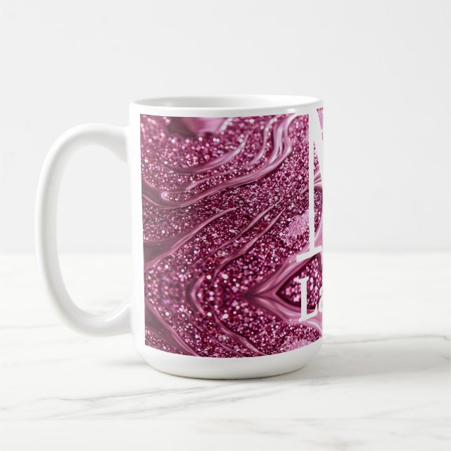 pink metallic abstract shiny monogram namegirly coffee mug (Left)