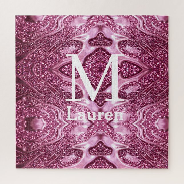 pink metallic abstract shiny monogram namegirly jigsaw puzzle (Vertical)