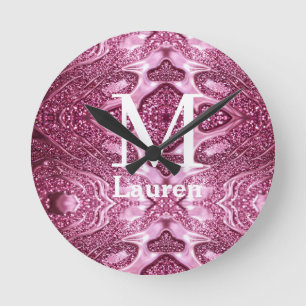 pink metallic abstract shiny monogram namegirly round clock