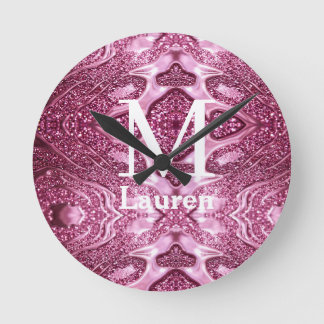 pink metallic abstract shiny monogram namegirly round clock