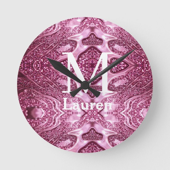 pink metallic abstract shiny monogram namegirly round clock (Front)