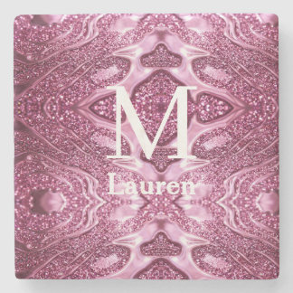 pink metallic abstract shiny monogram namegirly stone coaster