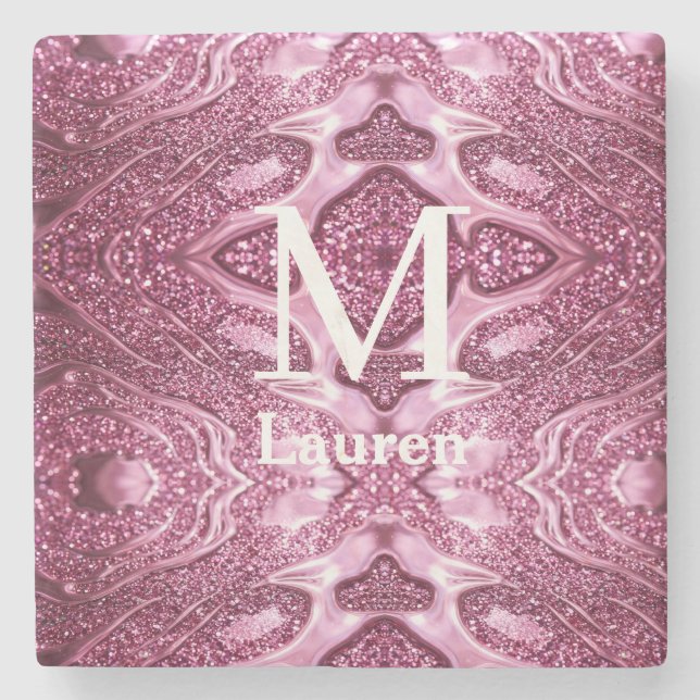 pink metallic abstract shiny monogram namegirly stone coaster (Front)