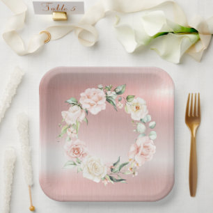 Pink Metallic Floral Blush Watercolor Baby Shower Paper Plate